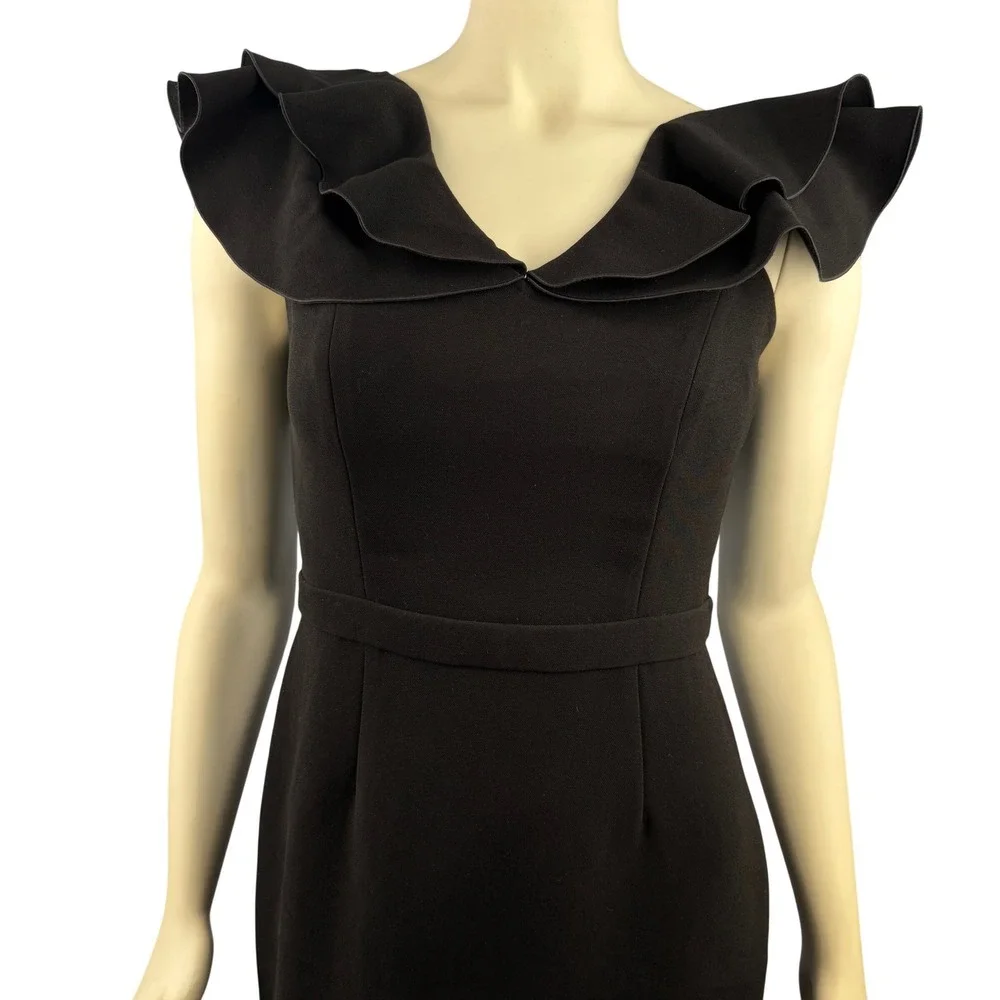 Rachel Zoe Dress Women 6 Black Ruffle Cold‎ Shoulder V-Neck Sheath Delia